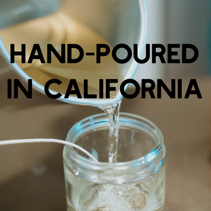 Close-up of wax being poured into a glass jar, text reads "Hand-Poured in California."