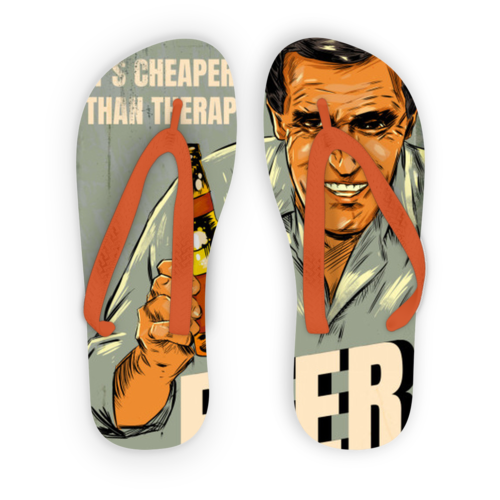 Flip-flops with retro illustration of a smiling man holding a drink, red straps, text in the background.