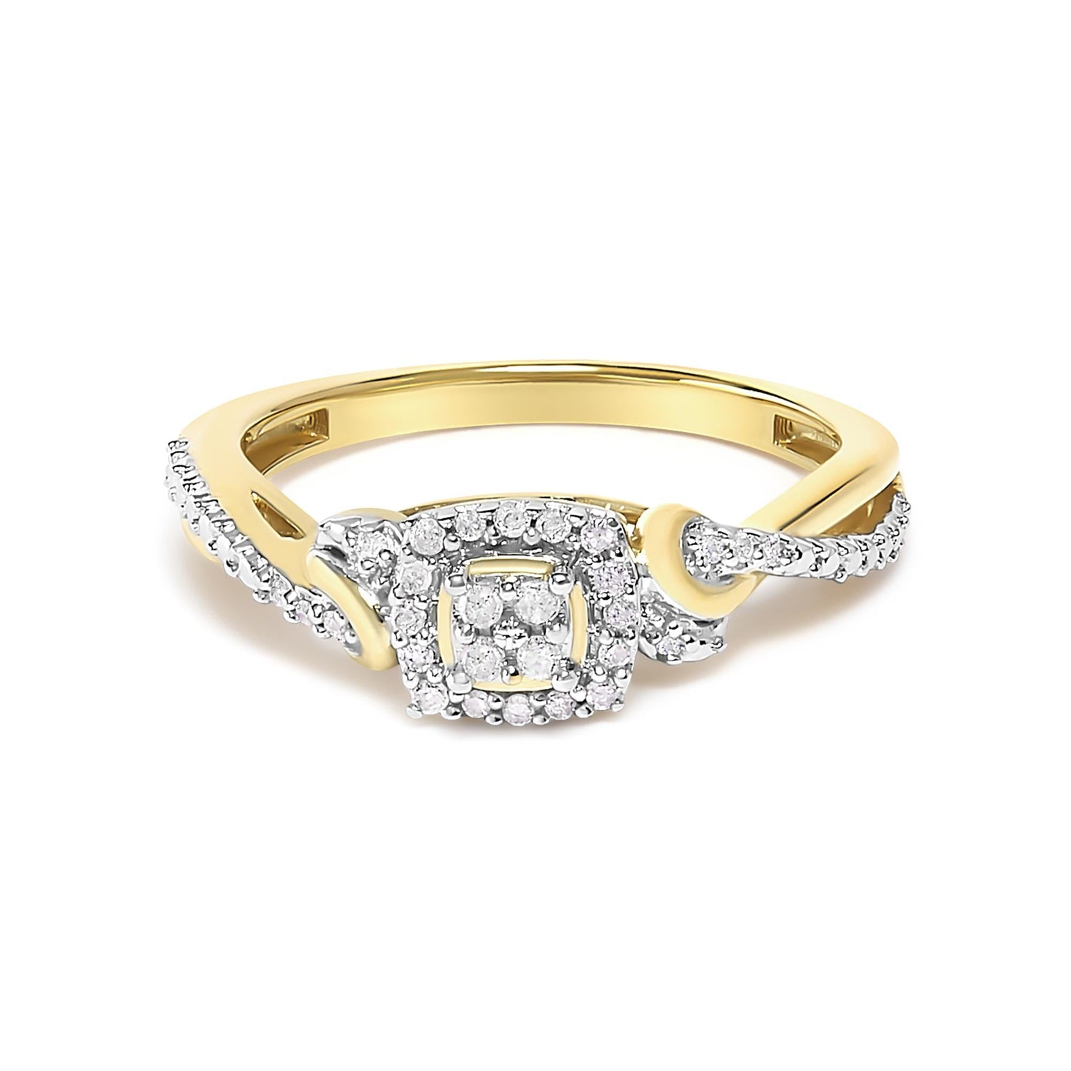 Gold ring with intertwined diamond bands and a square diamond cluster centerpiece.