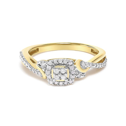Gold ring with intertwined diamond bands and a square diamond cluster centerpiece.