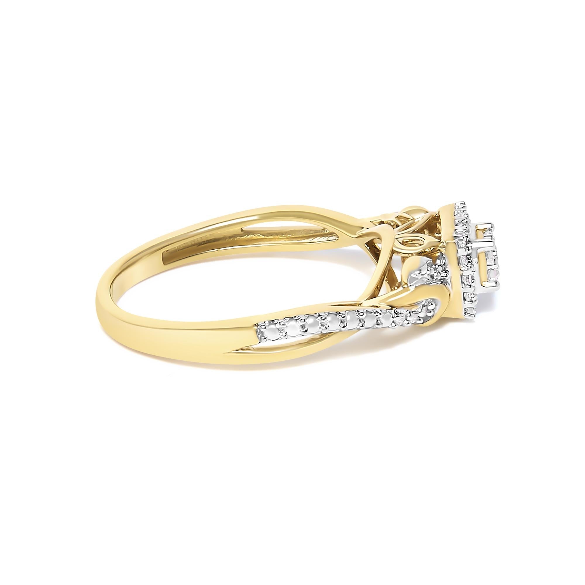 Gold ring with intertwined bands and small diamonds, featuring a square-shaped detail on top.