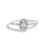 Silver ring with an oval diamond cluster setting and a band adorned with small diamonds.