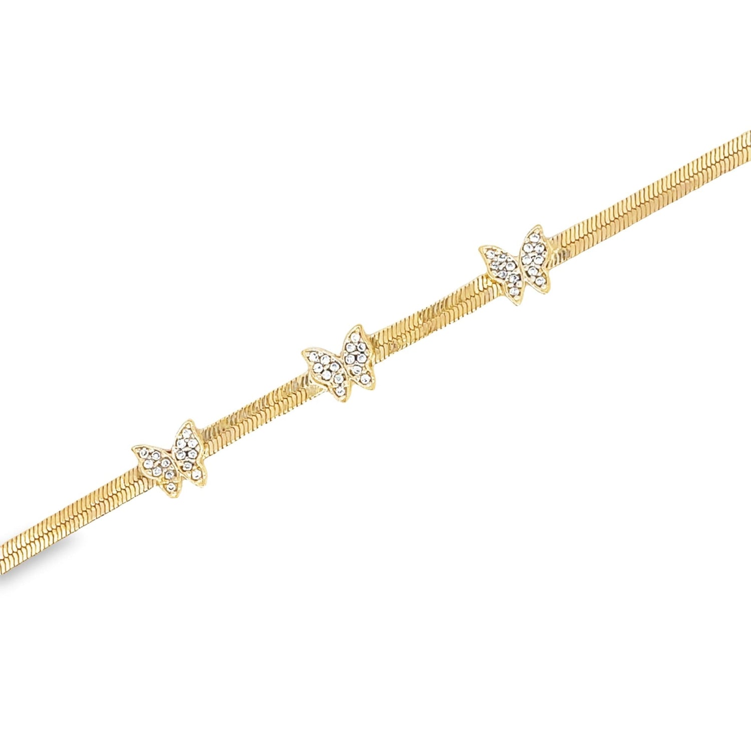 Gold bracelet with three jeweled butterfly charms on a textured band.