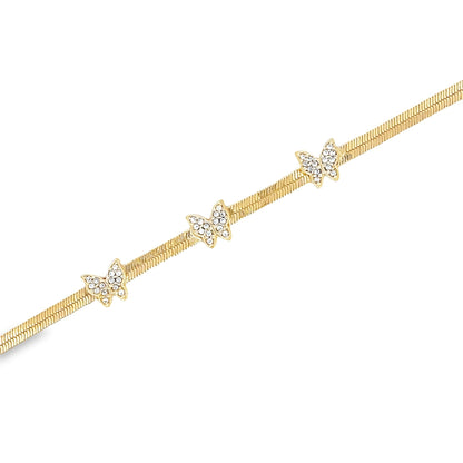 Gold bracelet with three jeweled butterfly charms on a textured band.