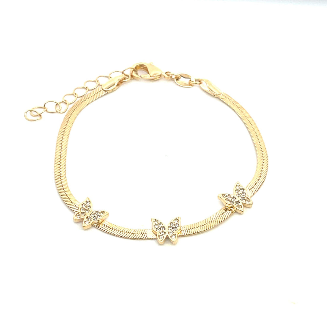 Gold bracelet with three crystal-studded butterfly charms on a smooth chain, featuring an adjustable clasp.