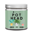 A mint green candle jar with "Pot Head," plant graphics, and a silver lid. 9 oz, coconut wax.