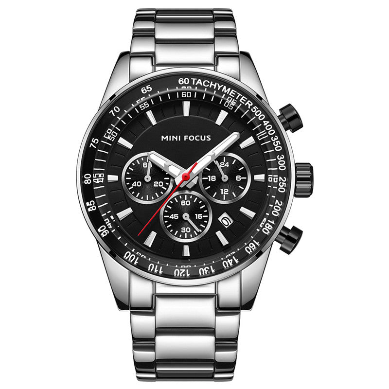 Silver chronograph watch with black dial, white markers, red second hand, and tachymeter bezel.