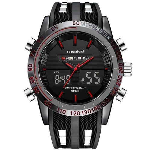 Black and red wristwatch with analog and digital displays, featuring a sporty rubber strap.