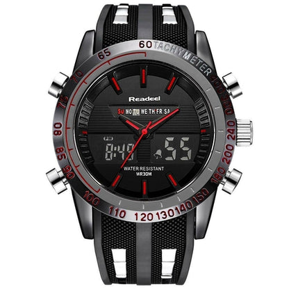 Black and red wristwatch with analog and digital displays, featuring a sporty rubber strap.