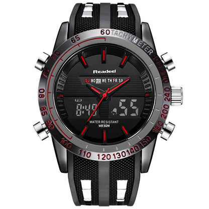 Black and silver digital-analog watch with a red accented face and textured black strap.
