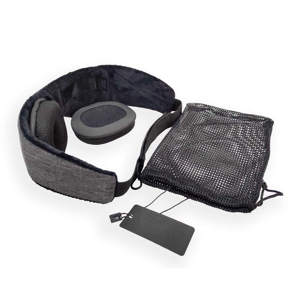 Gray travel pillow with black interior, mesh bag, and a tag, on a white background.