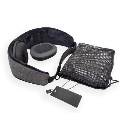 Gray travel pillow with black interior, mesh bag, and a tag, on a white background.