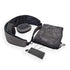 Gray travel pillow with black interior, mesh bag, and a tag, on a white background.