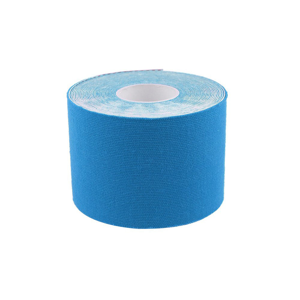 Blue roll of kinesiology tape with a white core on a white background.