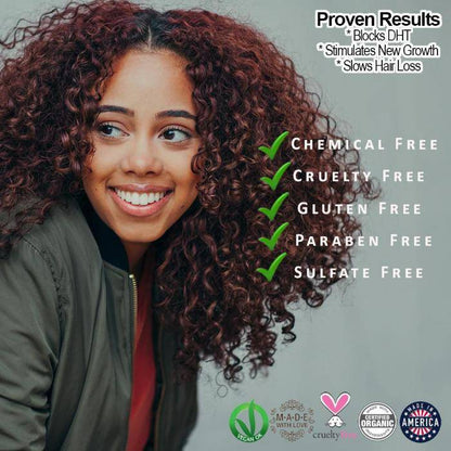 Smiling person with curly hair, text listing benefits: chemical, cruelty, gluten, paraben, sulfate free.