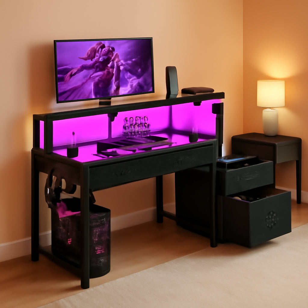 48-Inch Black Gaming Desk With LED Lights And Power Outlets-0