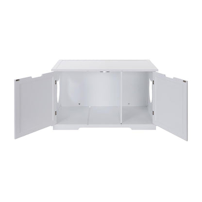 White cabinet with two open doors, reveals shelving and a smooth top surface.