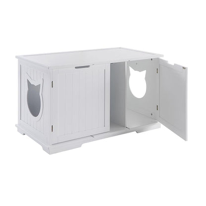 White wooden cat litter box enclosure with cat-shaped cutouts and an open door on the side.