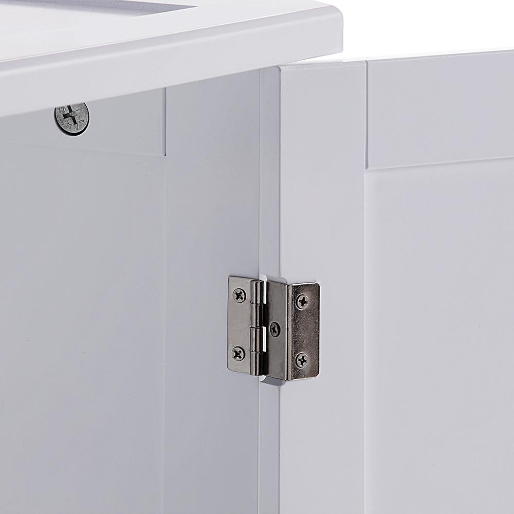 Close-up of a metal hinge on a white cabinet door, showing screws and smooth surface.
