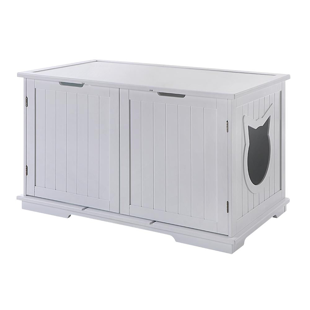 White cabinet with vertical grooves, two doors, and a cat-shaped cutout on the right side.