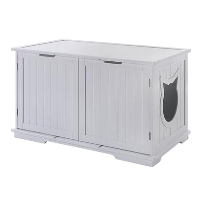 White cabinet with vertical grooves, two doors, and a cat-shaped cutout on the right side.