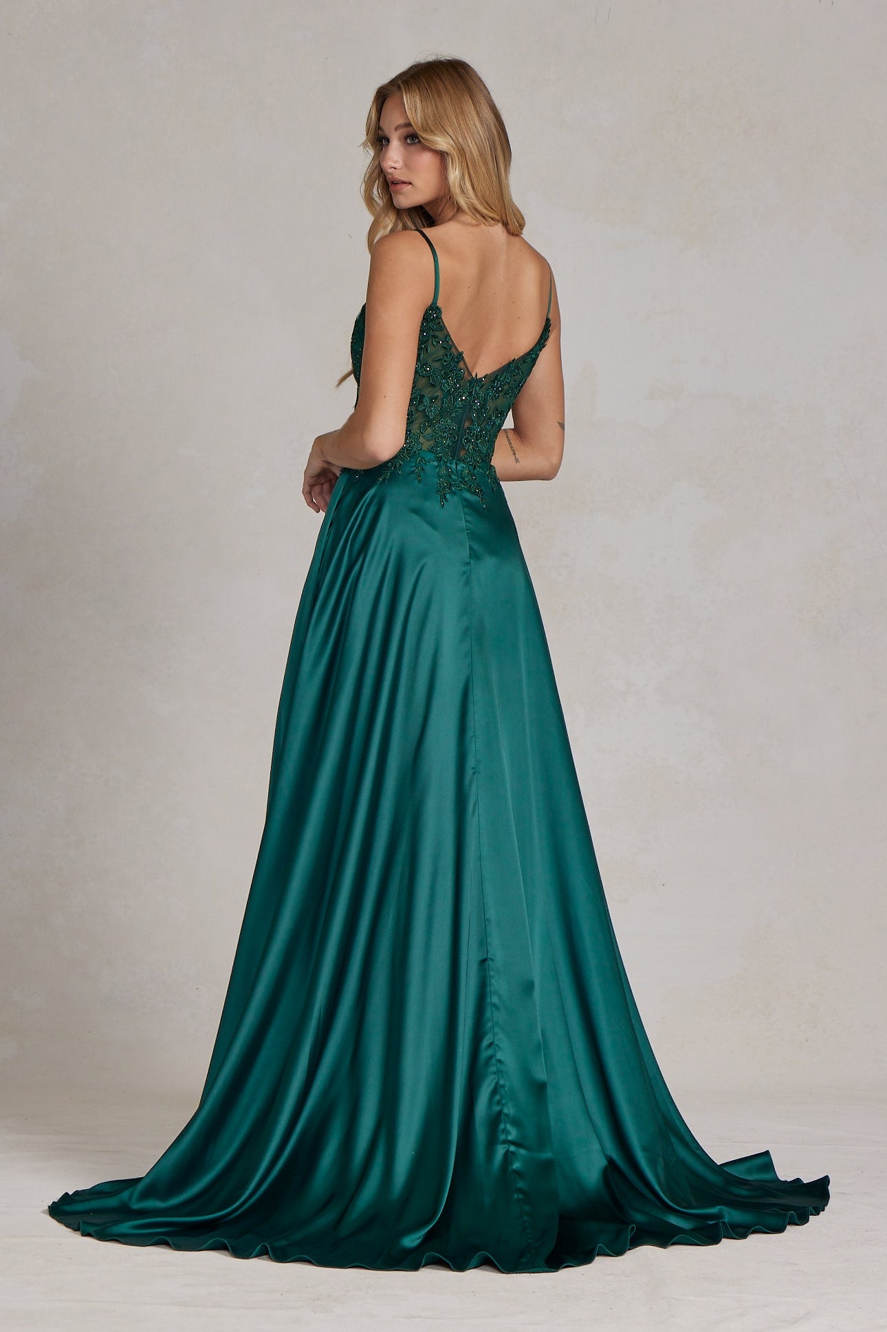Delicate Lace Embellished A-Line Graduation Satin Gown w/ Side Pockets &amp; Daring Leg Slit NXK1121-1