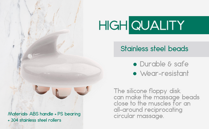 White handheld massager with stainless steel beads on a marble background, green text highlights.
