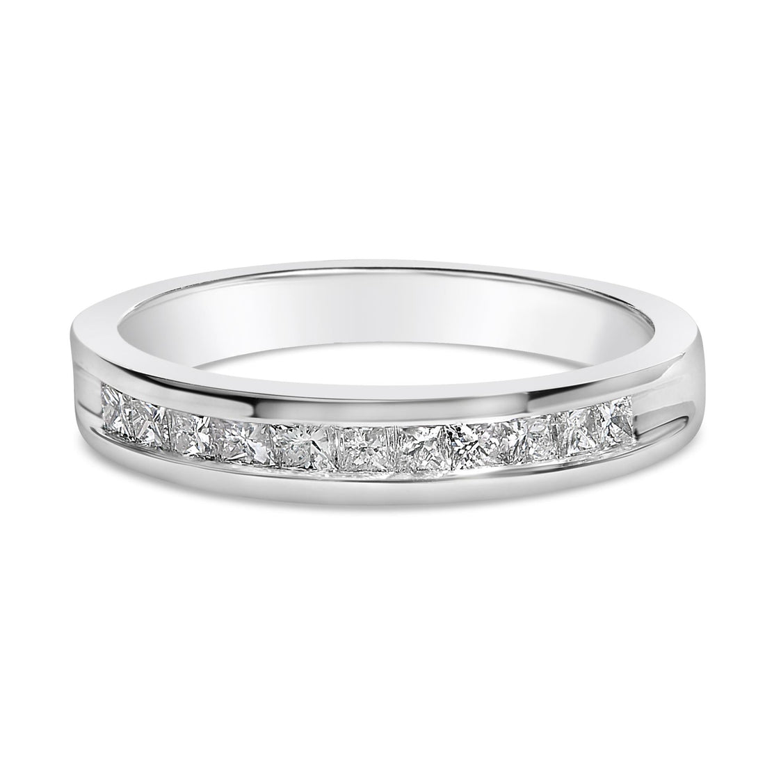 Silver ring with embedded square-cut diamonds in a channel setting on a white background.