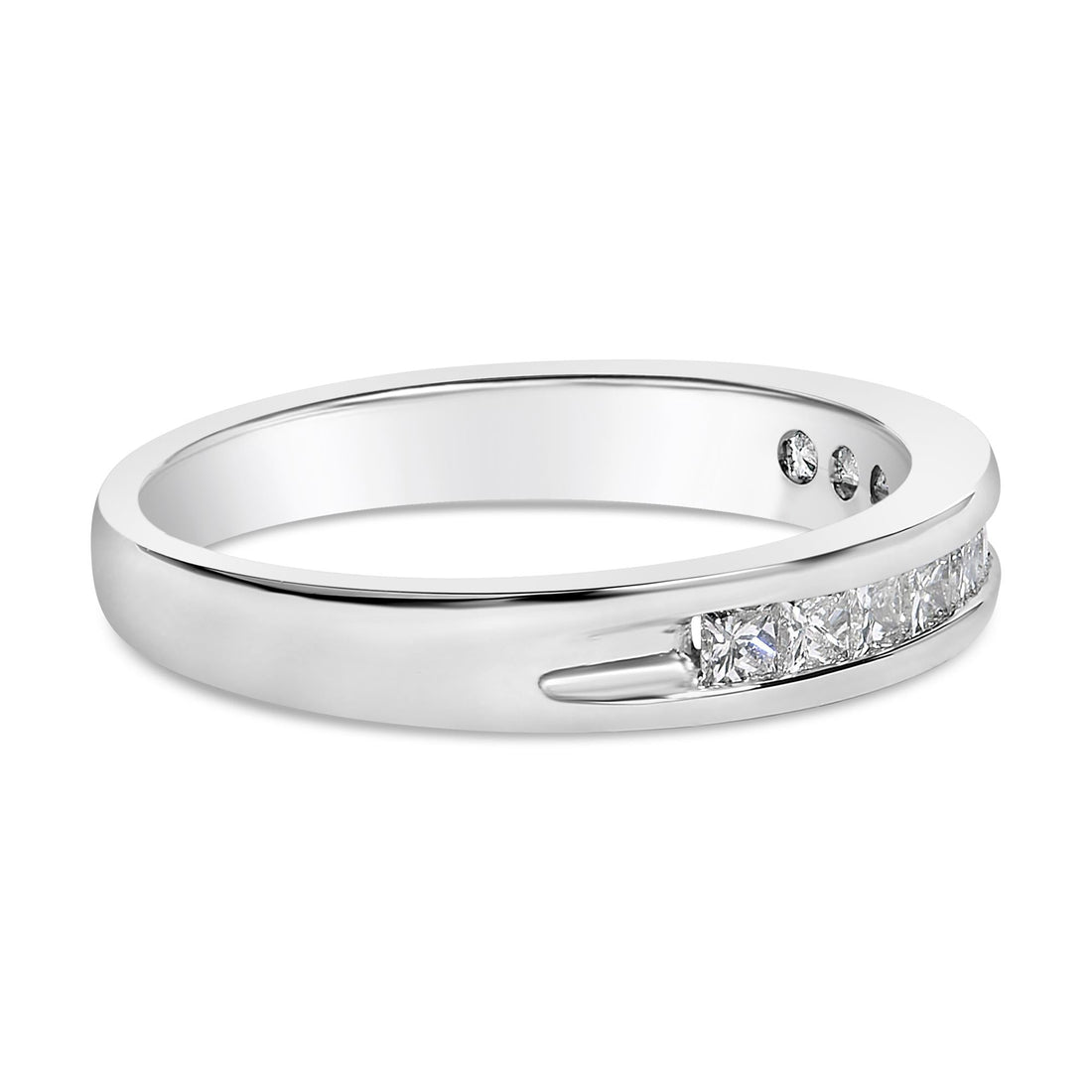 Silver band ring with channel-set square diamonds, polished finish.