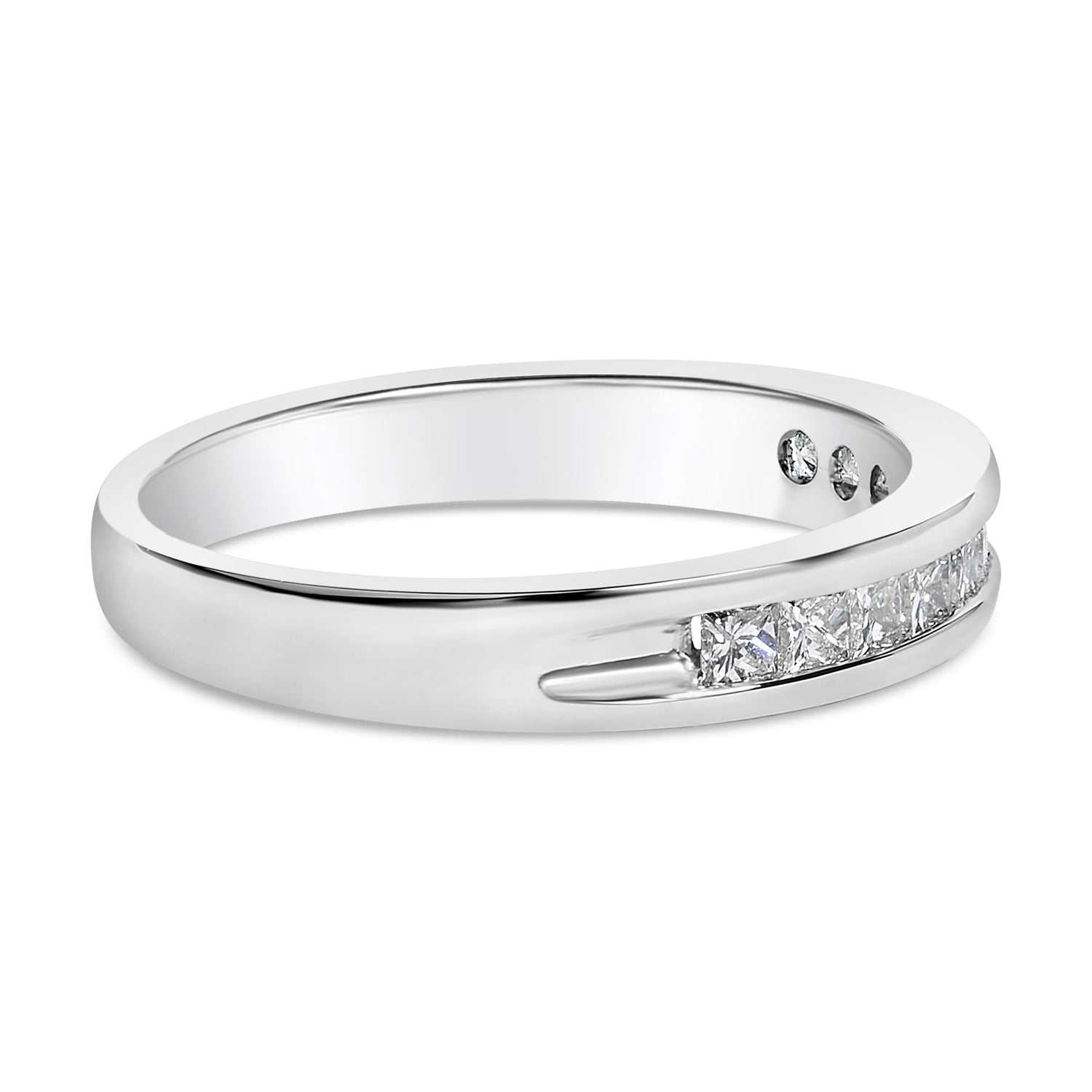 Silver band ring with channel-set square diamonds, polished finish.