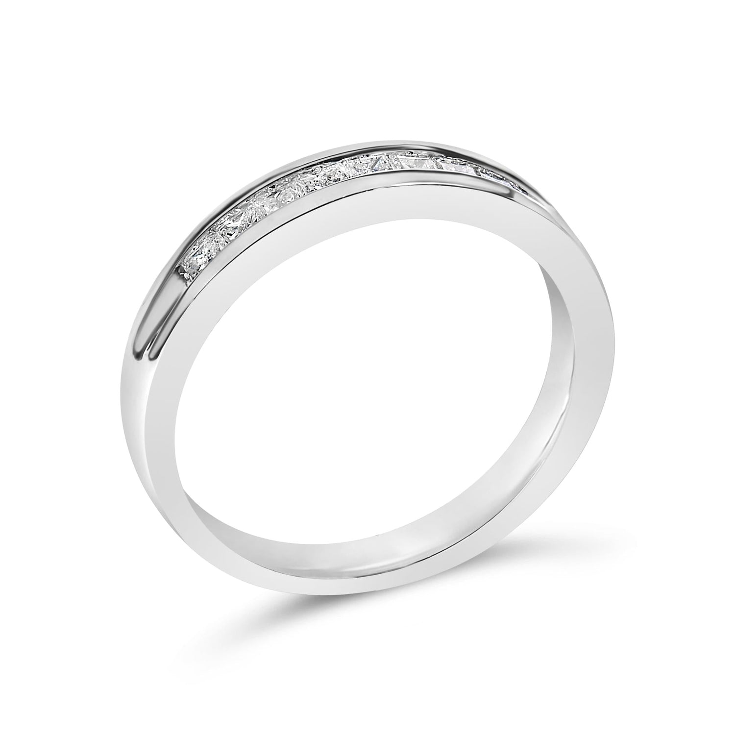 Silver ring with embedded diamonds in a sleek, polished design against a plain white background.