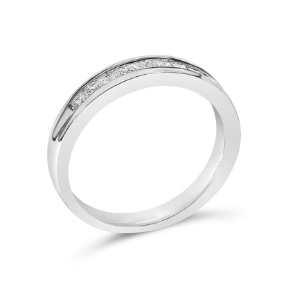 Silver ring with embedded diamonds in a sleek, polished design against a plain white background.