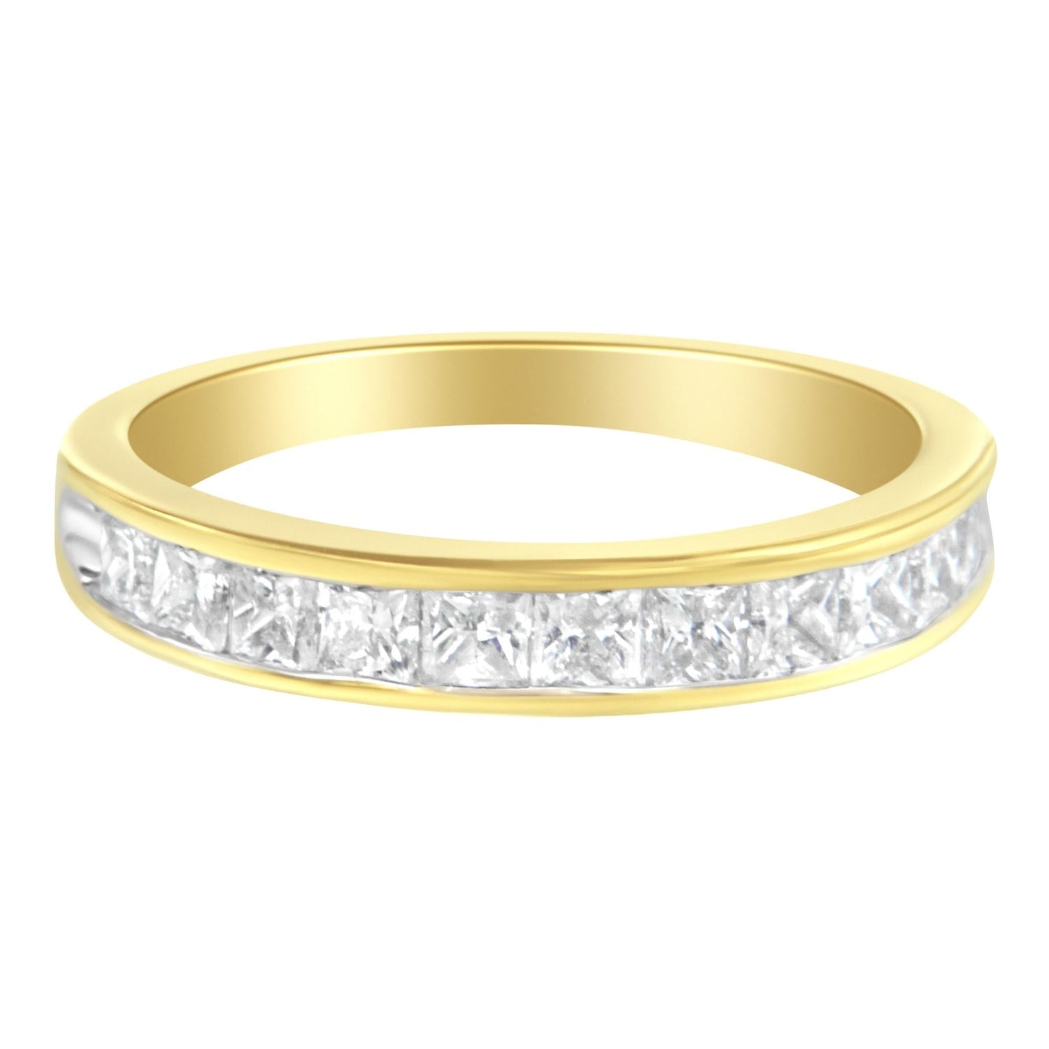 Gold band with embedded clear square-cut gemstones encircling the ring.