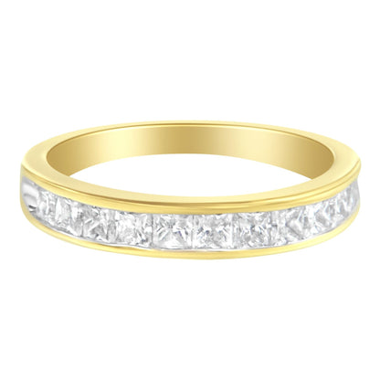 Gold band with embedded clear square-cut gemstones encircling the ring.