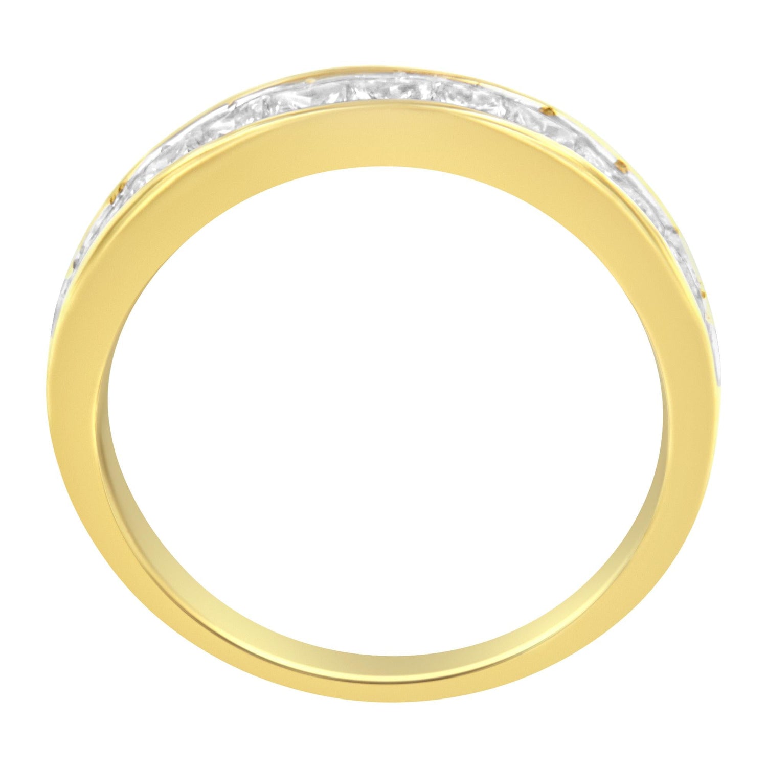 Gold ring with a row of small clear stones embedded, viewed from the side.