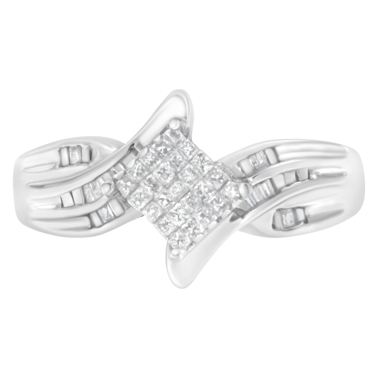 Silver ring with a square diamond cluster and swirling band design.