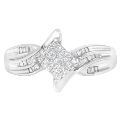 Silver ring with a square diamond cluster and swirling band design.