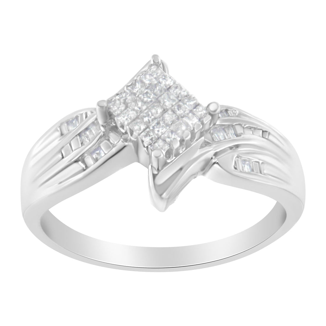 Silver ring with a square cluster of small diamonds and swirling band design.