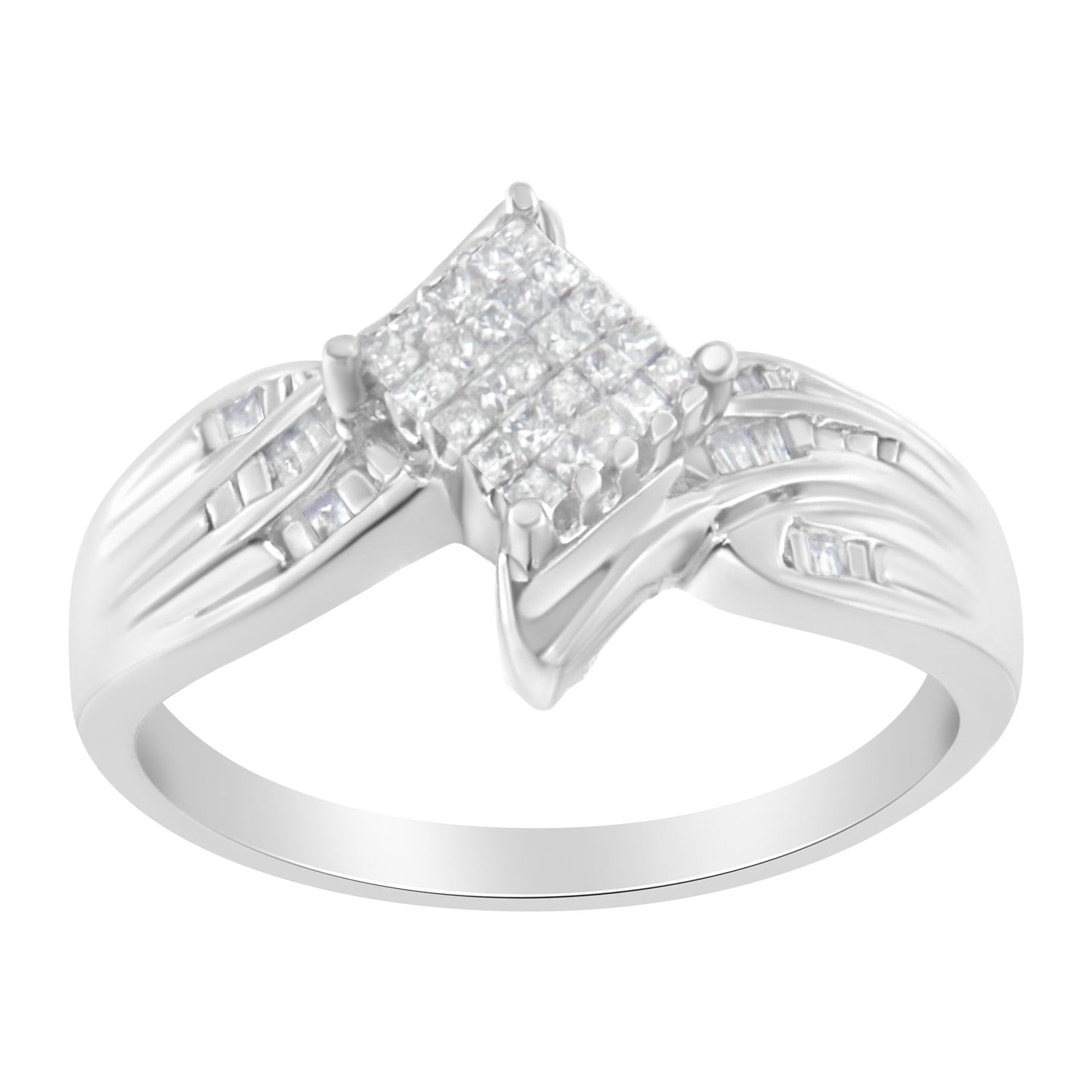 Silver ring with a square cluster of small diamonds and swirling band design.