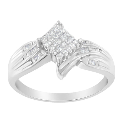 Silver ring with a square cluster of small diamonds and swirling band design.