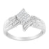 Silver ring with a square cluster of small diamonds and swirling band design.