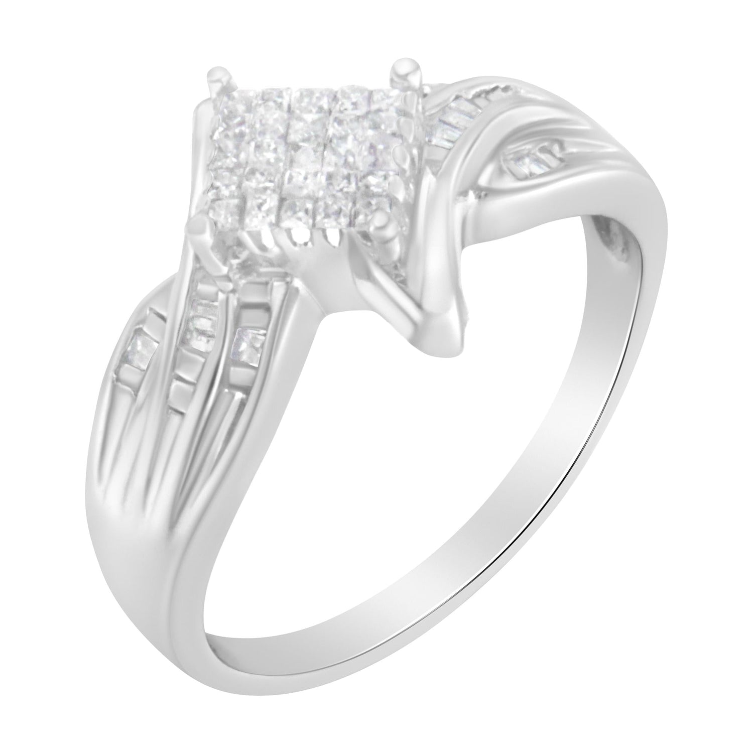 Silver ring with a square cluster of small diamonds and a twisted band design.