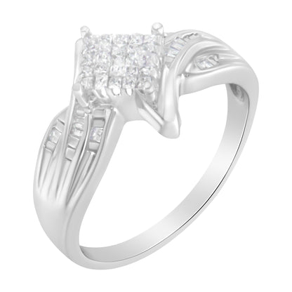 Silver ring with a square cluster of small diamonds and a twisted band design.