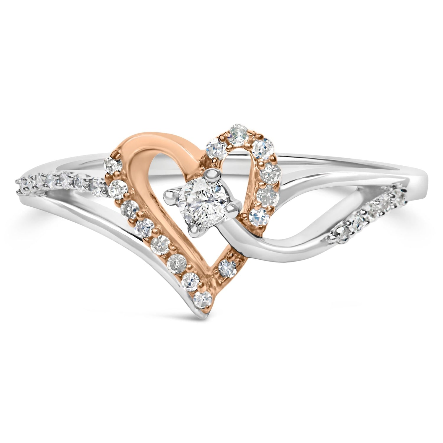 Silver and rose gold heart-shaped ring with sparkling diamonds and a central gemstone.