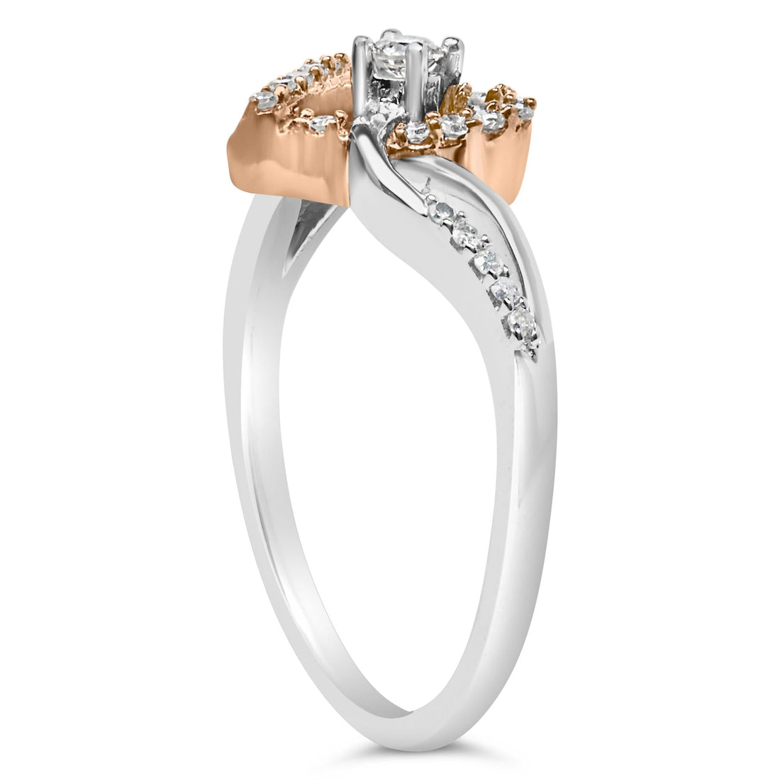 Two-tone ring with intertwined rose and white gold bands, accented with small diamonds.