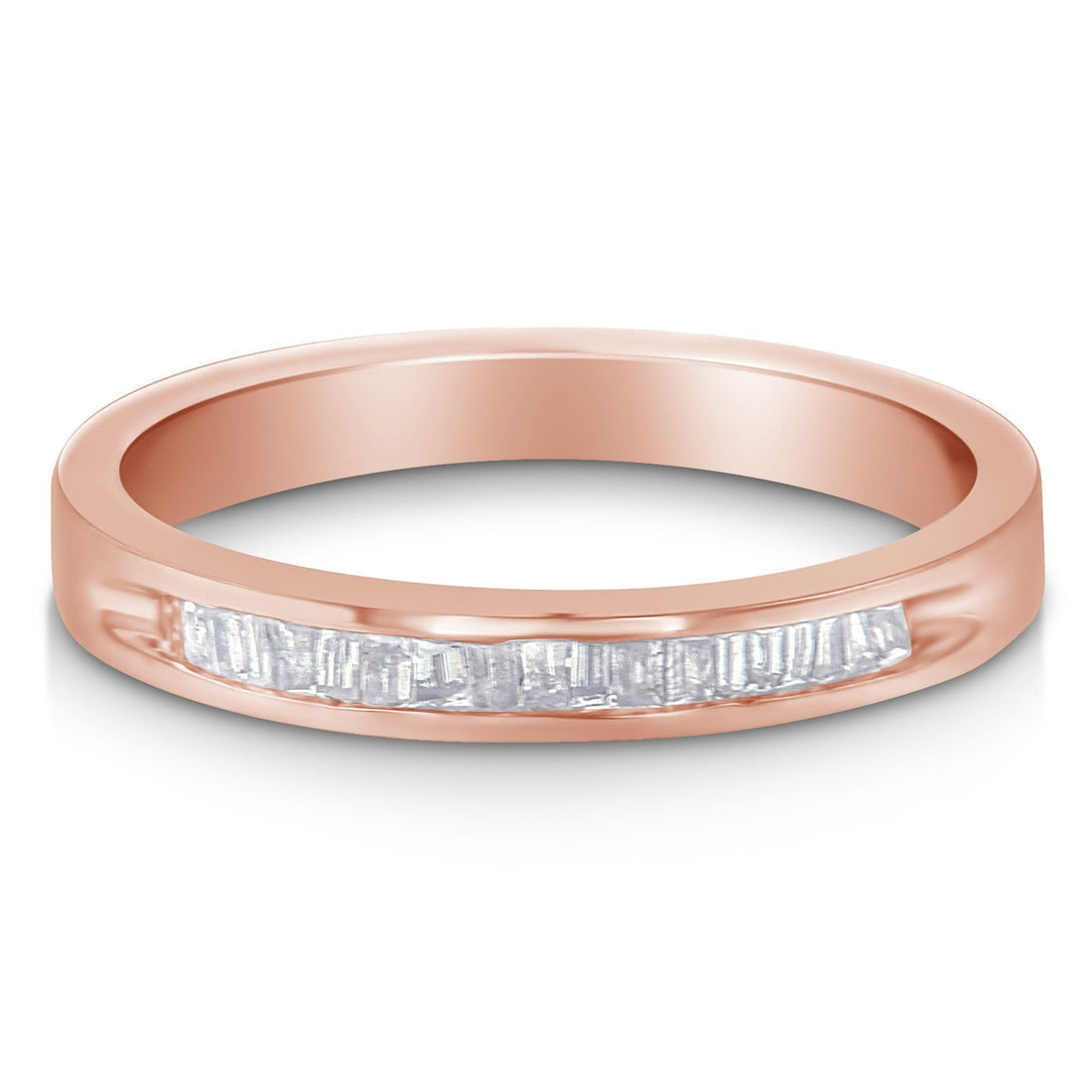 Rose gold ring with a row of rectangular clear gemstones set into the band.