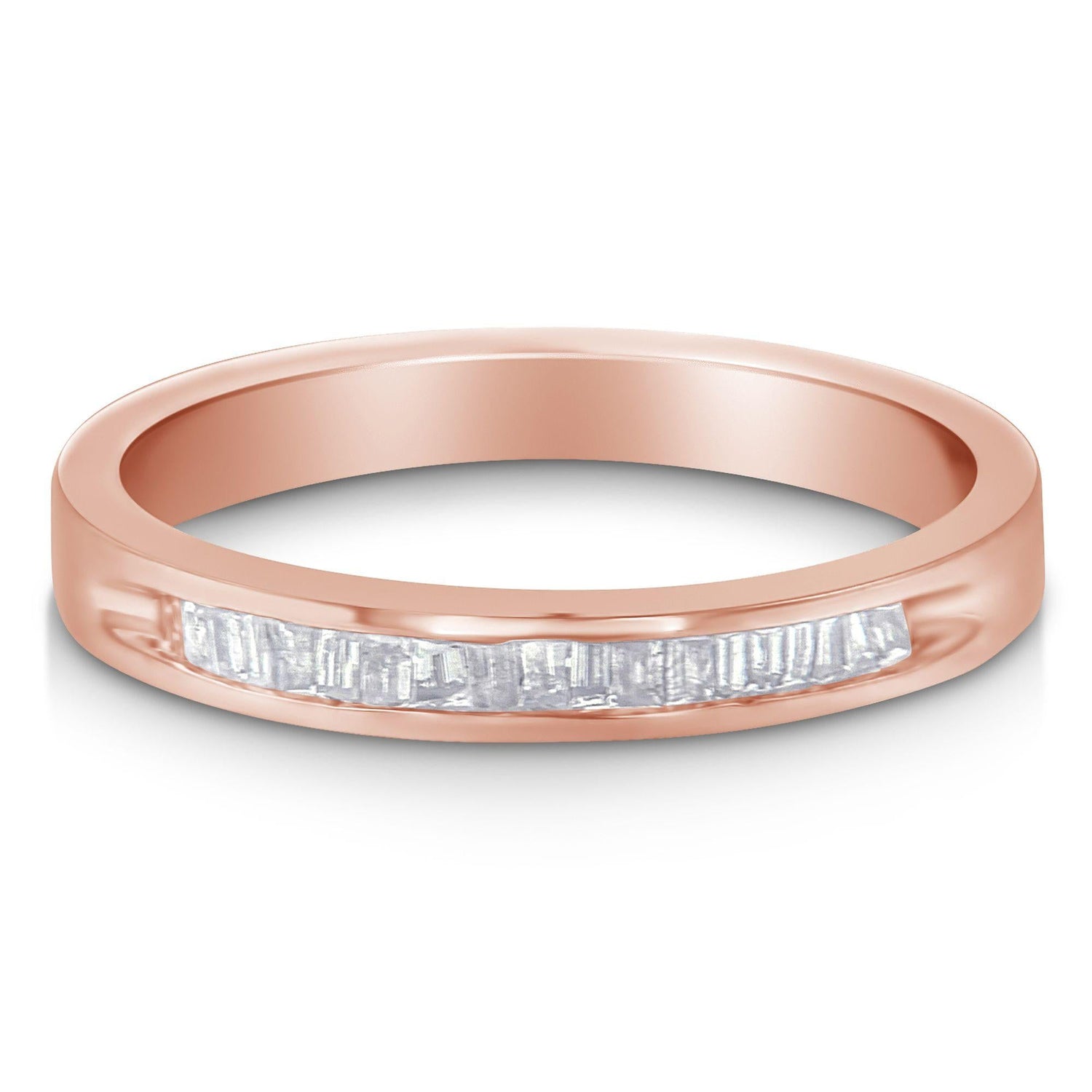Rose gold ring with a row of rectangular clear gemstones set into the band.