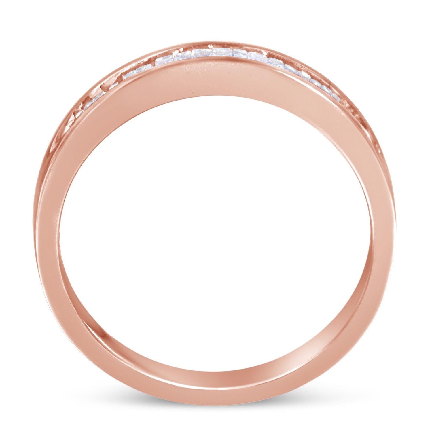 Rose gold ring with embedded small diamonds in a channel setting.