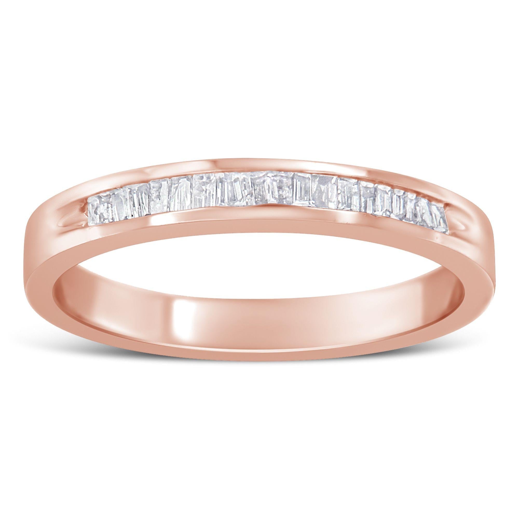 Rose gold ring with a row of small, rectangular diamonds in the center.