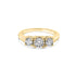 Gold ring with three round diamonds set in a row; simple band design.